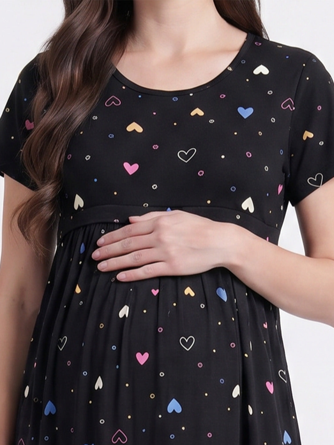 Black Heart Print Hosiery Maternity Nighty