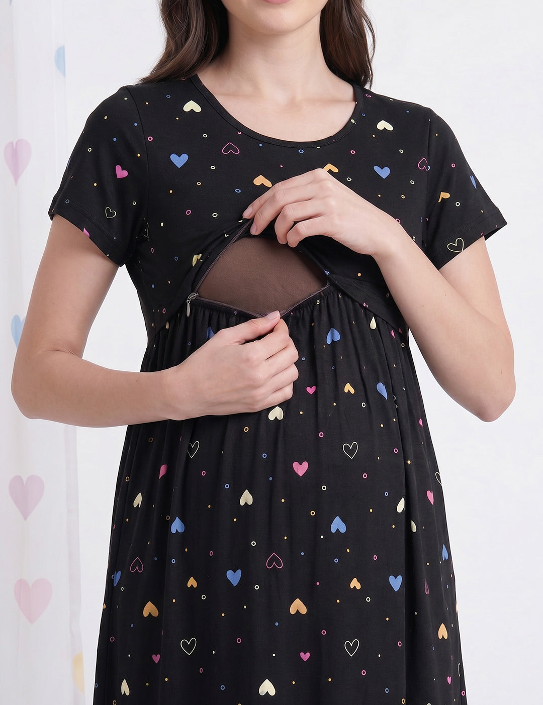 Black Heart Print Hosiery Maternity Nighty