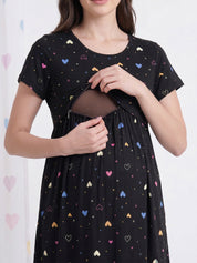 Black Heart Print Hosiery Maternity Nighty