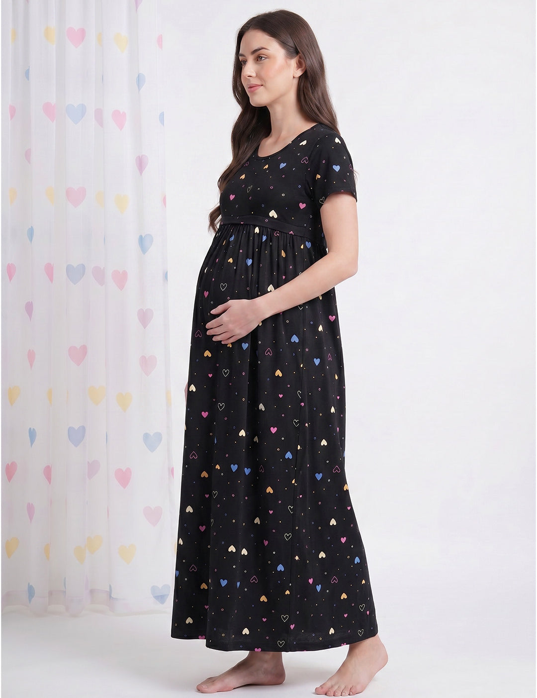 Black Heart Print Hosiery Maternity Nighty