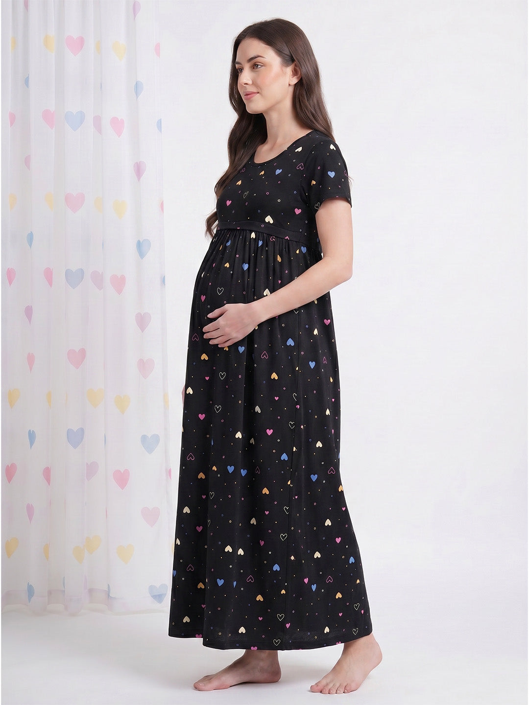 Black Heart Print Hosiery Maternity Nighty