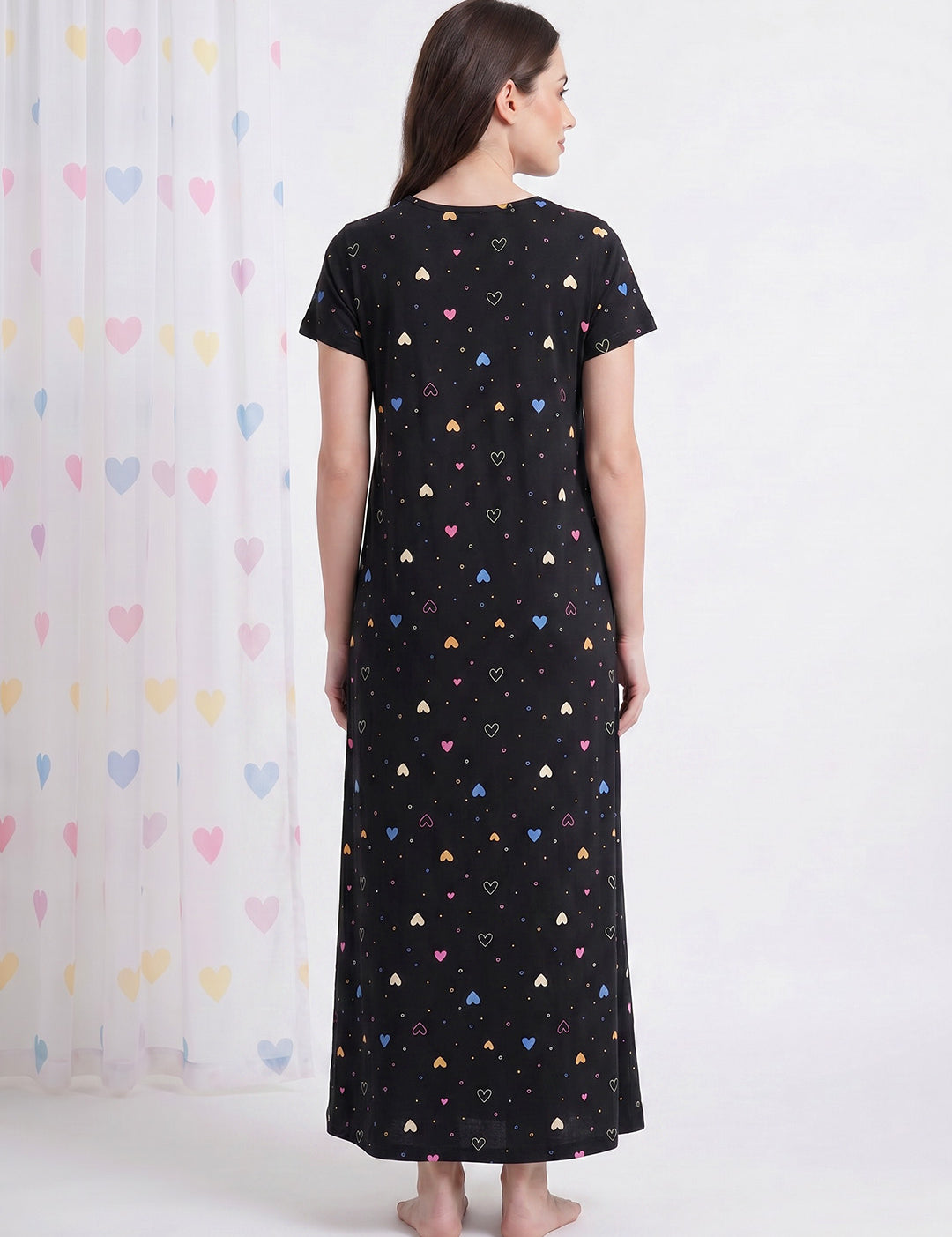 Black Heart Print Hosiery Maternity Nighty