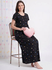Black Heart Print Hosiery Maternity Nighty