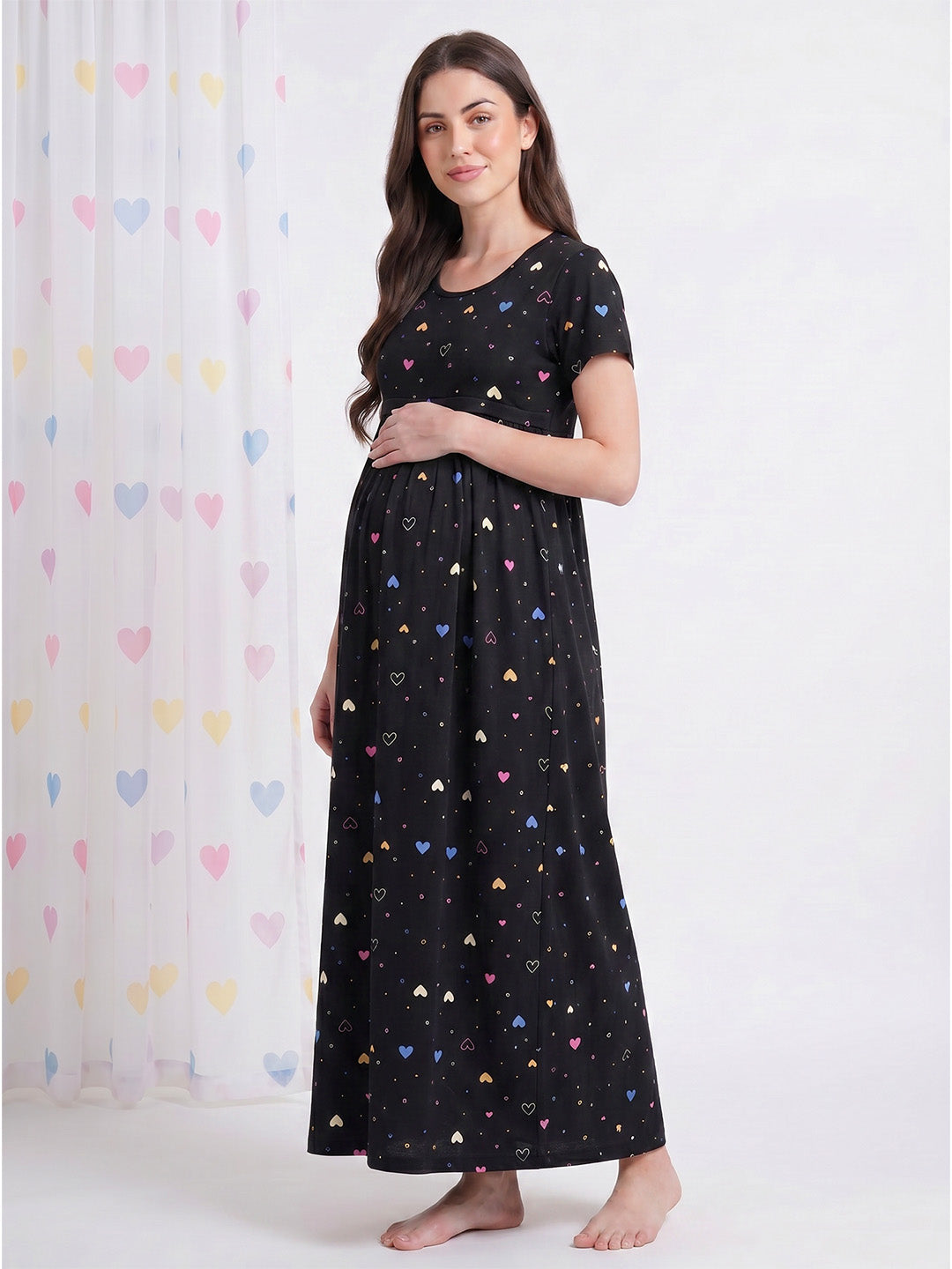 Black Heart Print Hosiery Maternity Nighty