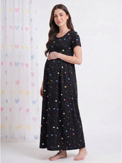 Black Heart Print Hosiery Maternity Nighty