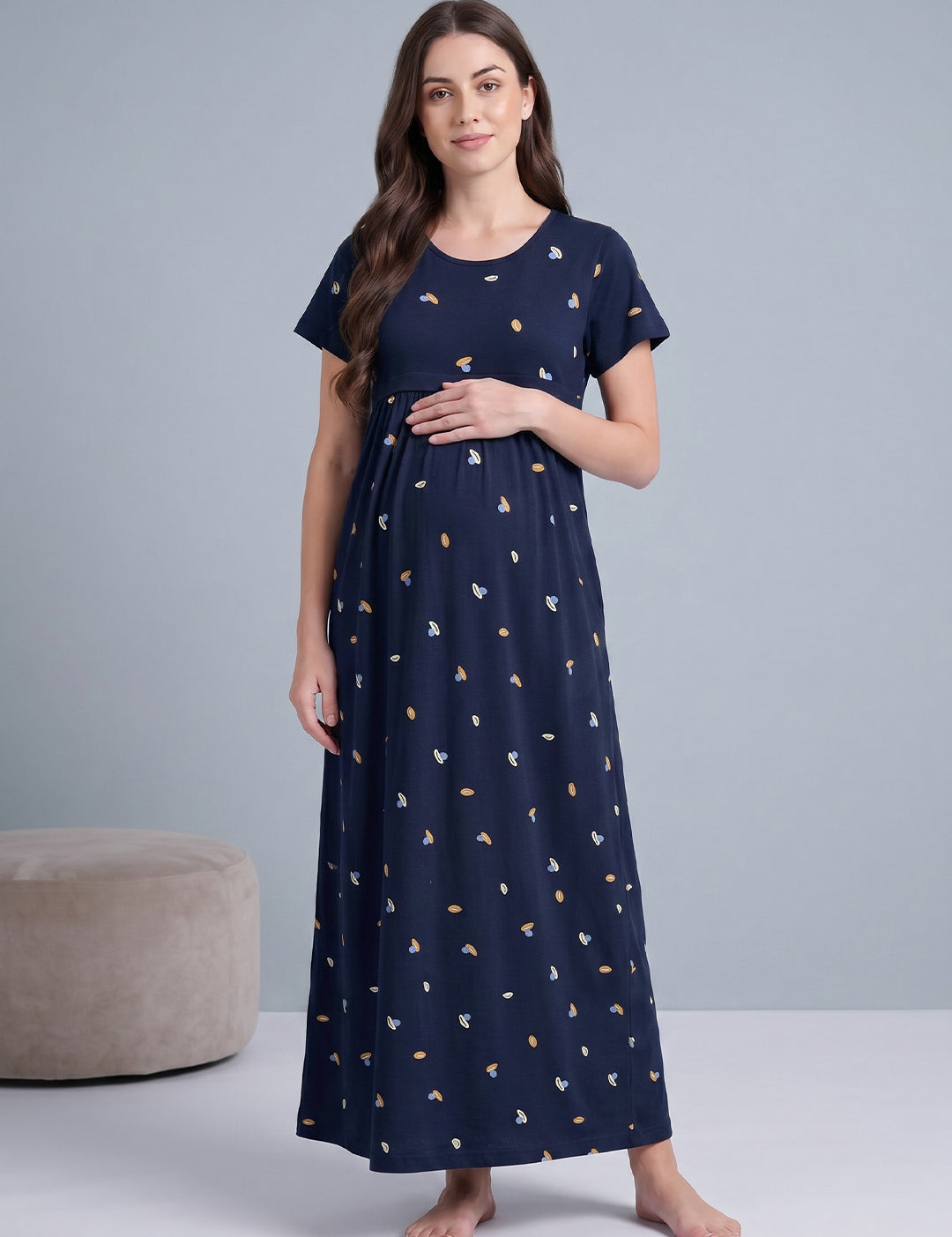 Navy Blue Shell Print Hosiery Maternity Nighty