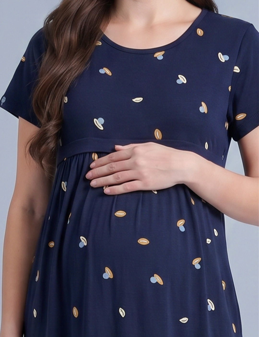 Navy Blue Shell Print Hosiery Maternity Nighty
