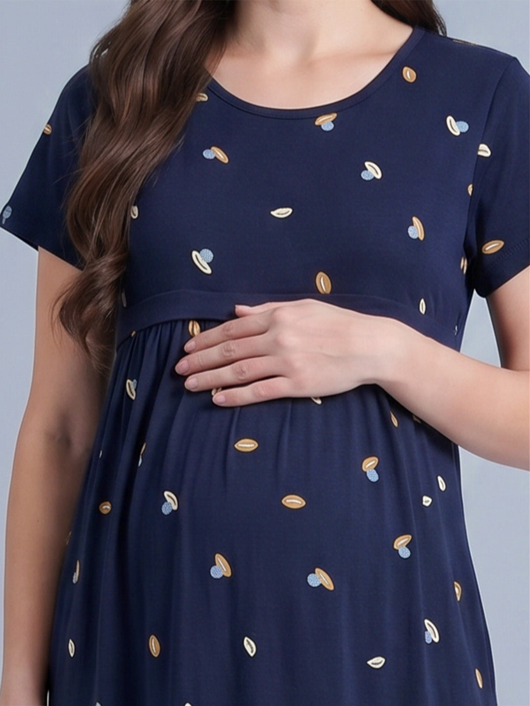 Navy Blue Shell Print Hosiery Maternity Nighty