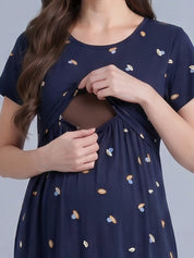 Navy Blue Shell Print Hosiery Maternity Nighty
