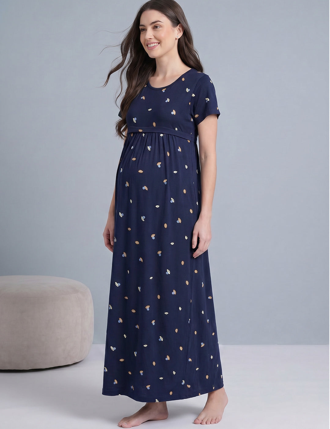 Navy Blue Shell Print Hosiery Maternity Nighty