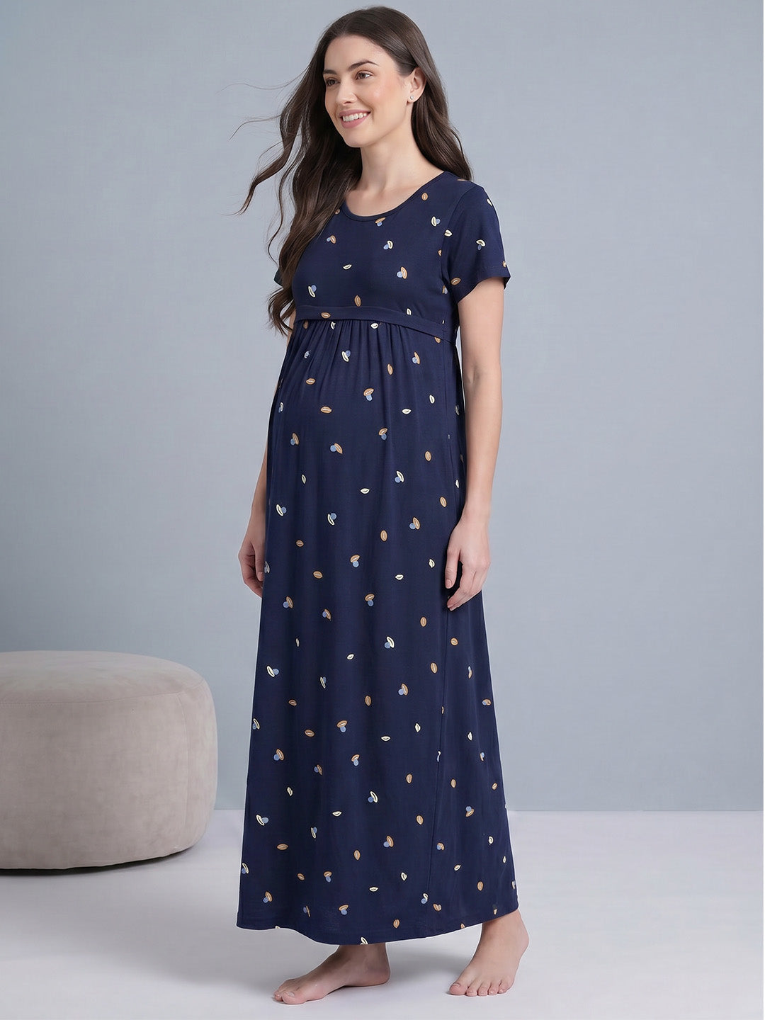 Navy Blue Shell Print Hosiery Maternity Nighty
