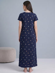 Navy Blue Shell Print Hosiery Maternity Nighty