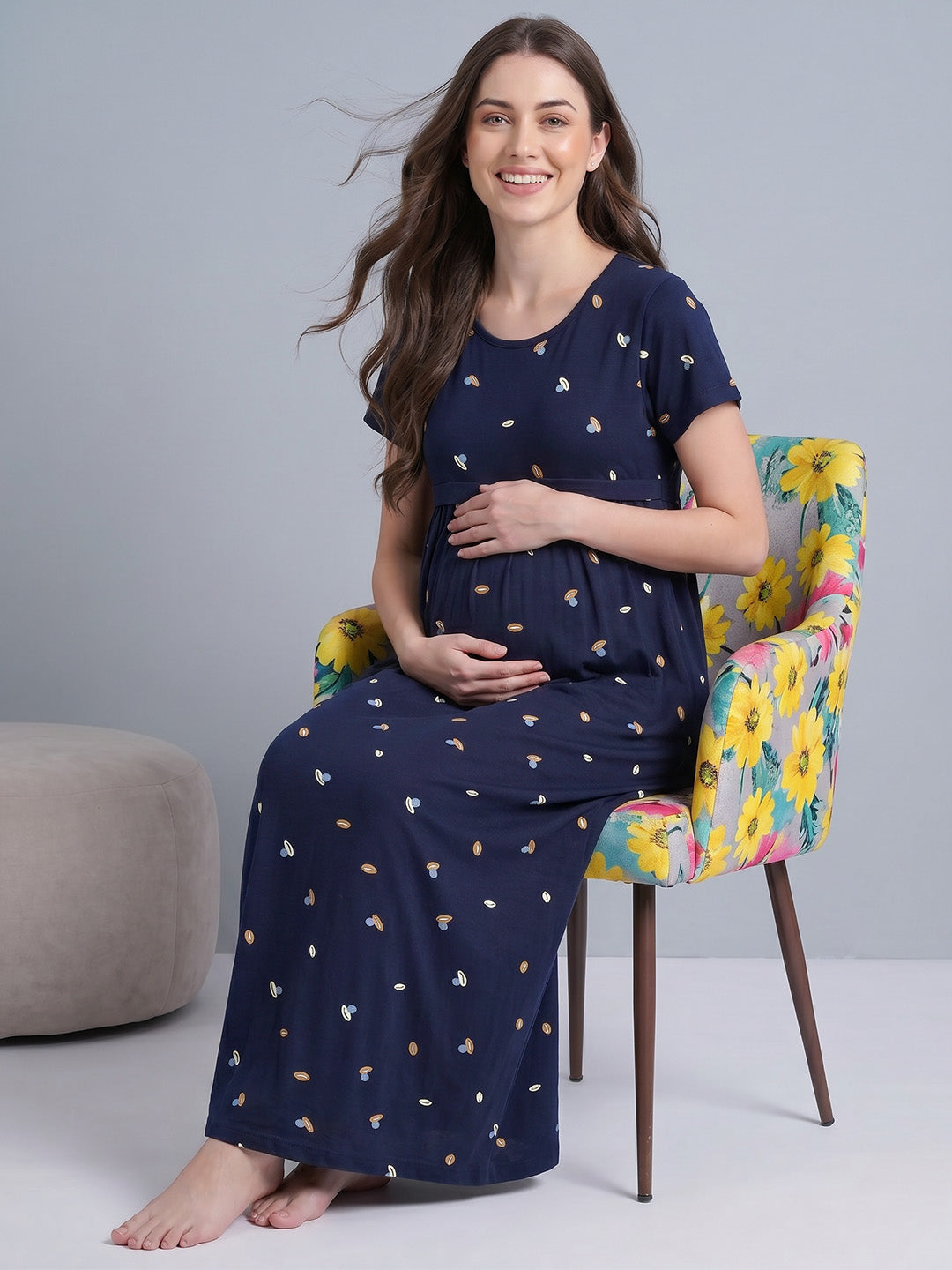 Navy Blue Shell Print Hosiery Maternity Nighty
