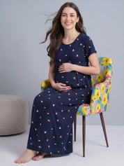 Navy Blue Shell Print Hosiery Maternity Nighty