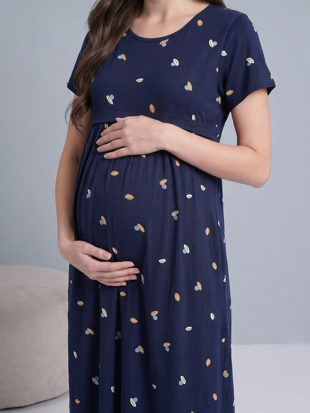 Navy Blue Shell Print Hosiery Maternity Nighty