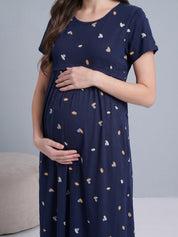 Navy Blue Shell Print Hosiery Maternity Nighty