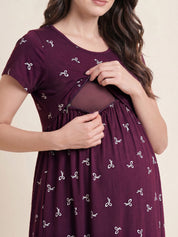 Purple Bow Print Hosiery Maternity Nighty