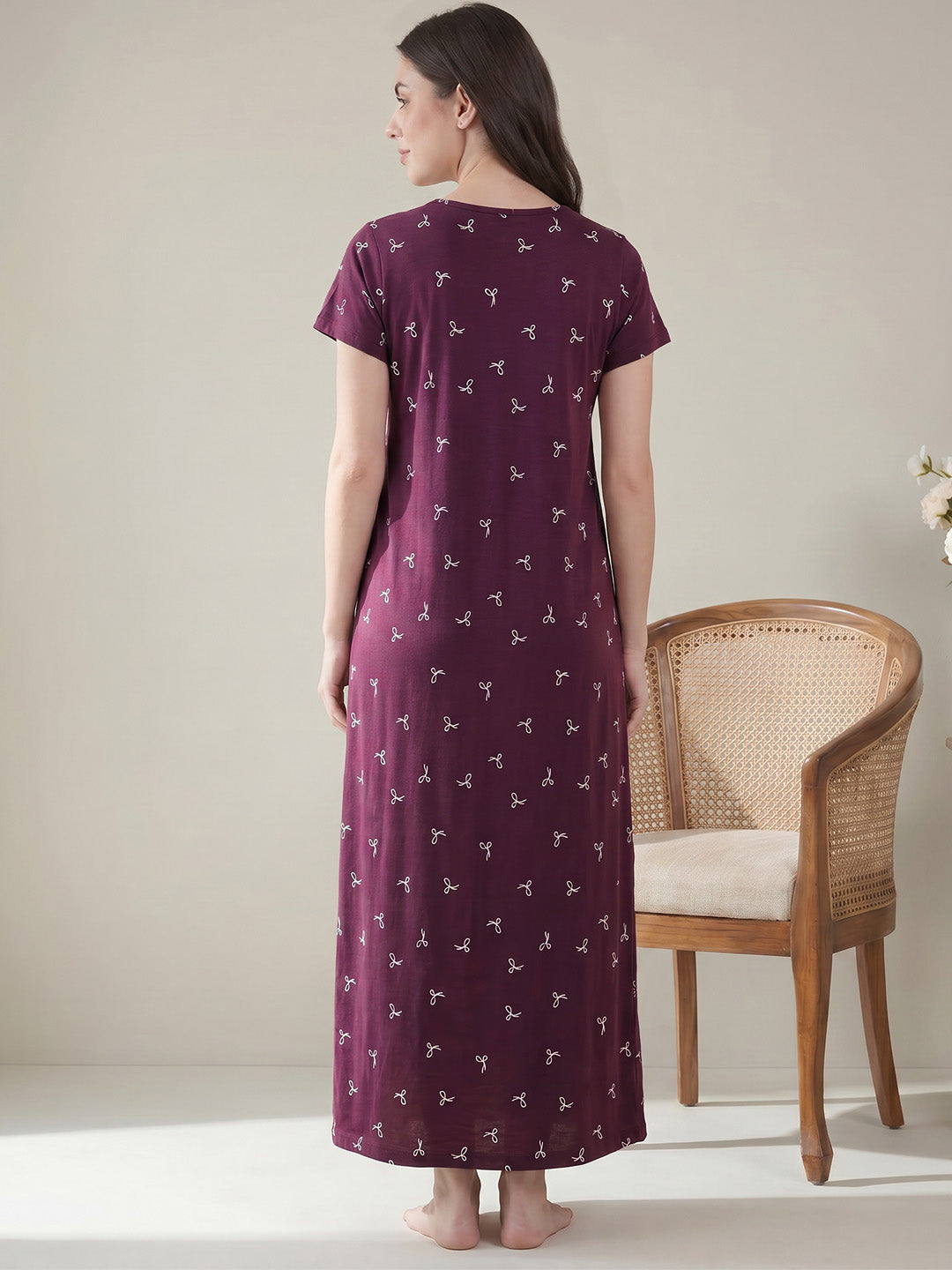 Purple Bow Print Hosiery Maternity Nighty
