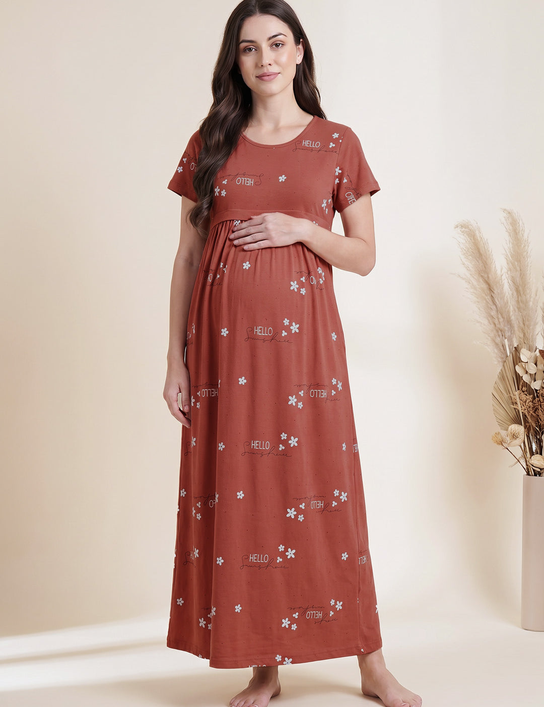Rust Printed Hosiery Maternity Nighty