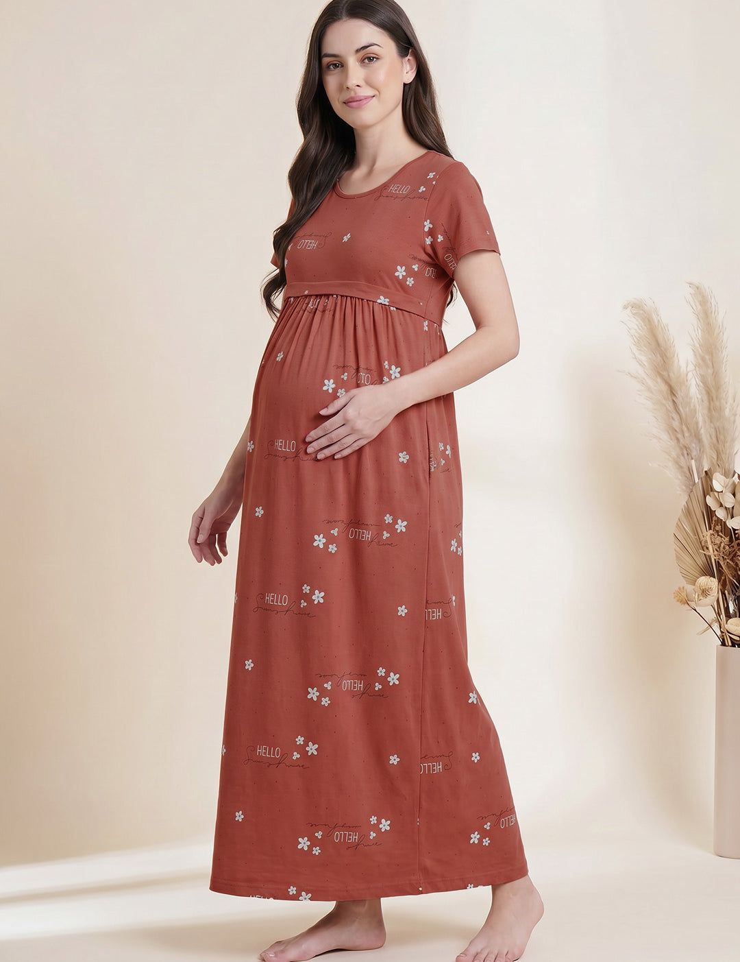 Rust Printed Hosiery Maternity Nighty