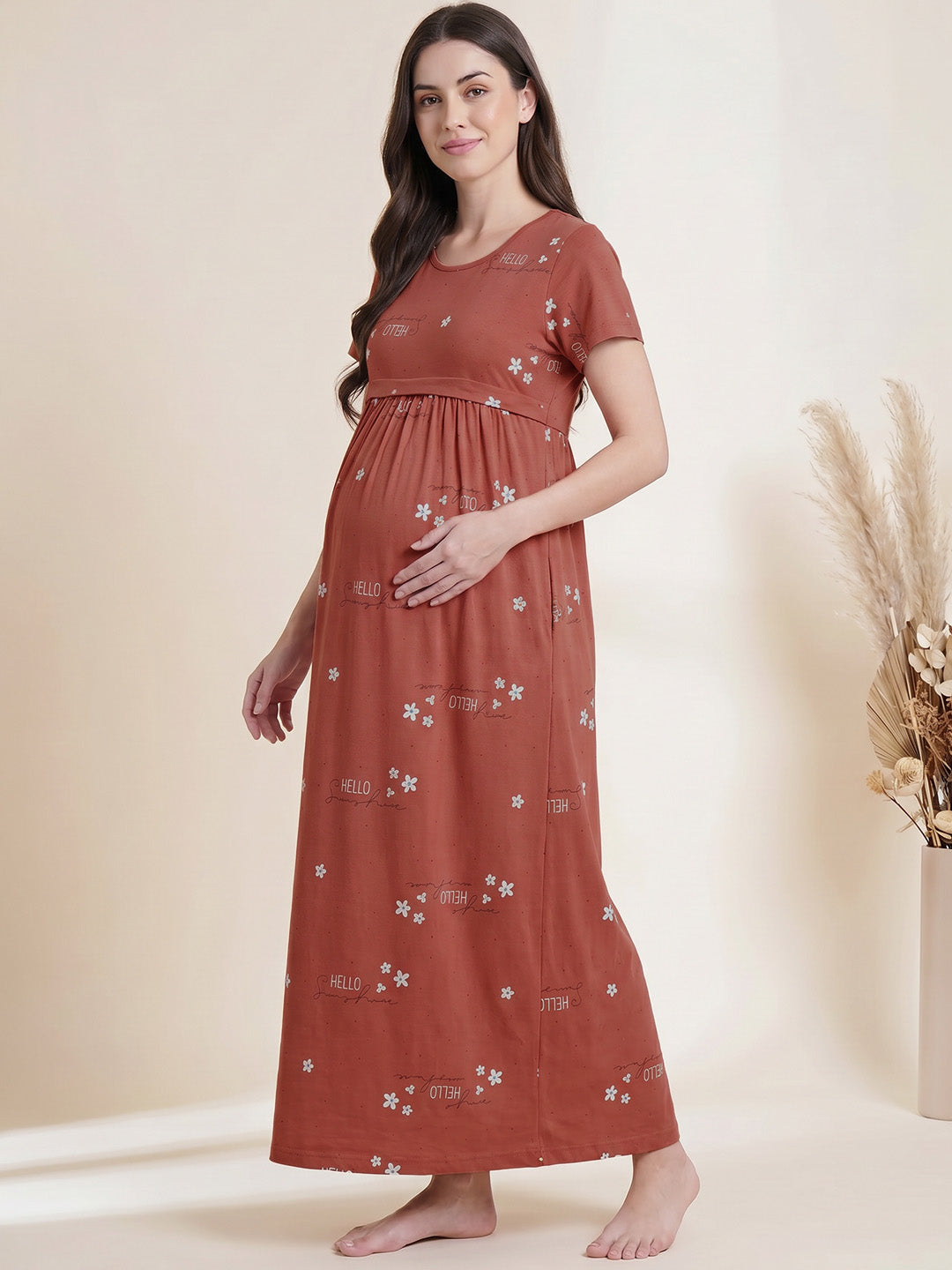 Rust Printed Hosiery Maternity Nighty
