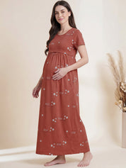 Rust Printed Hosiery Maternity Nighty