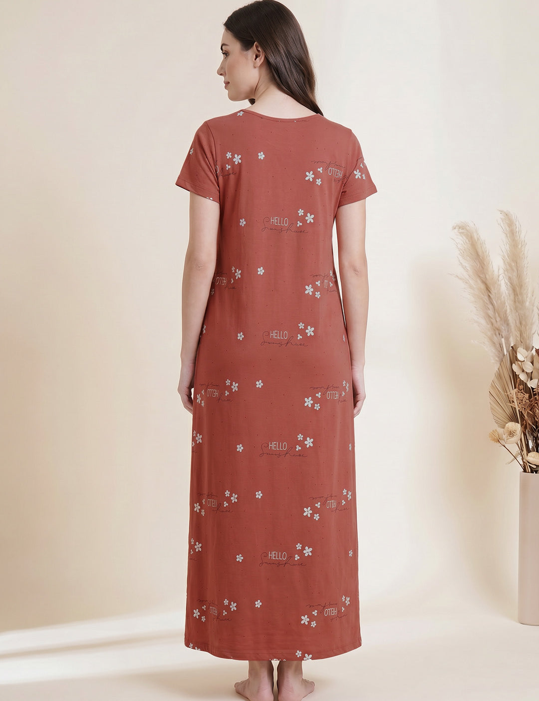 Rust Printed Hosiery Maternity Nighty