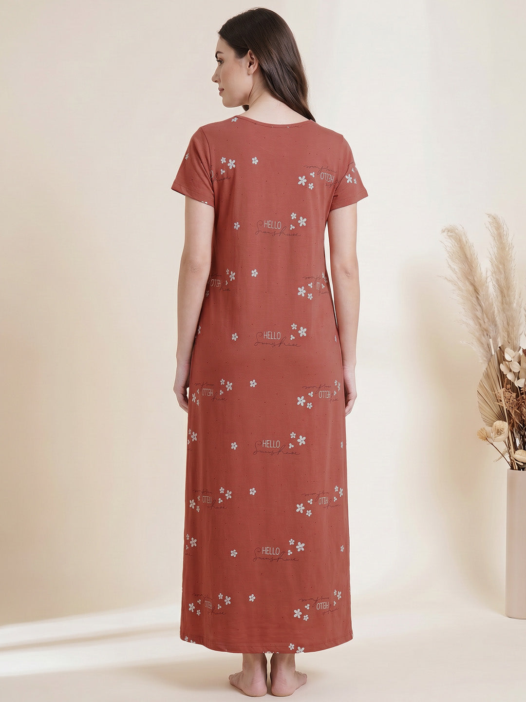 Rust Printed Hosiery Maternity Nighty