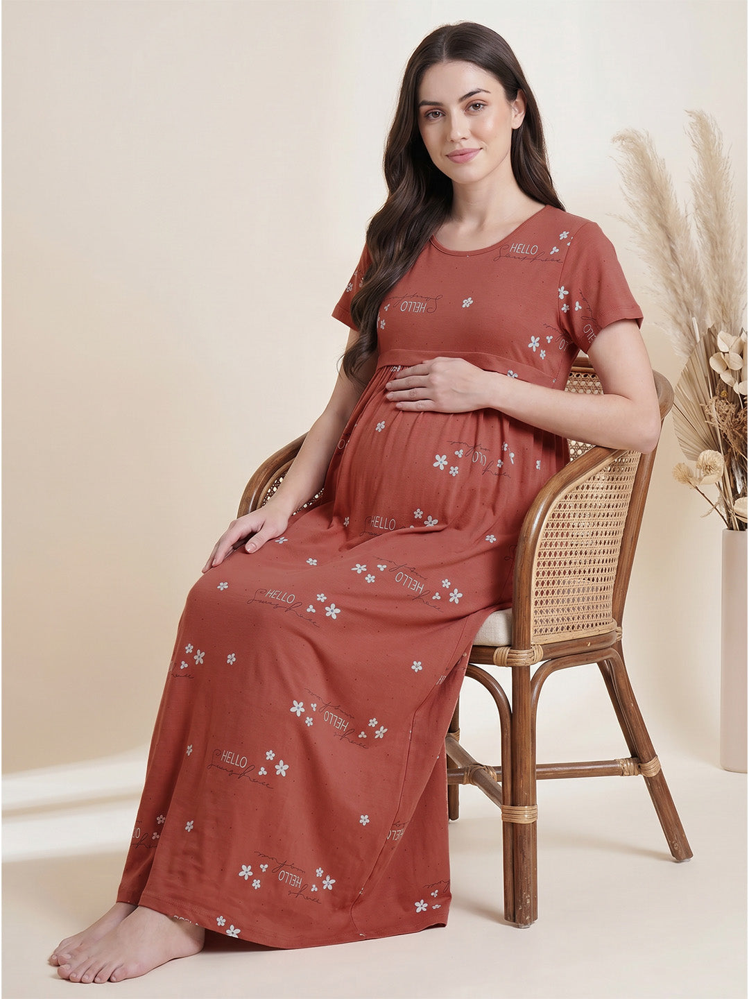 Rust Printed Hosiery Maternity Nighty