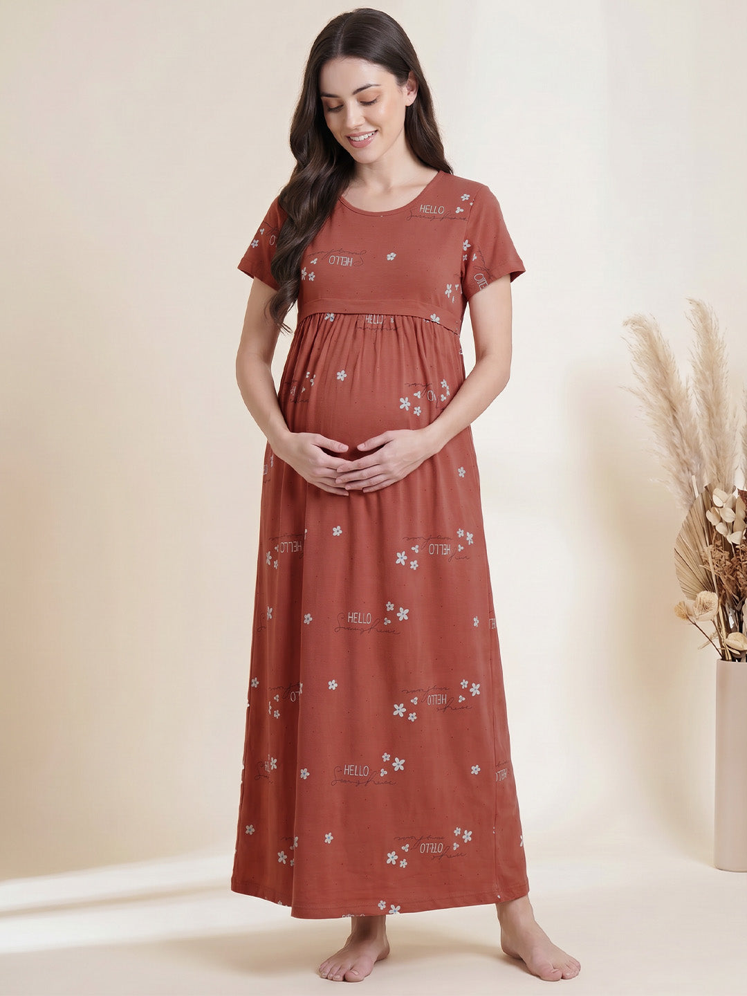 Rust Printed Hosiery Maternity Nighty