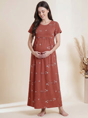 Rust Printed Hosiery Maternity Nighty