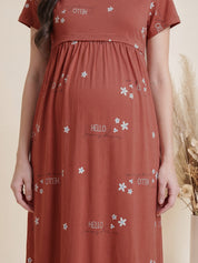 Rust Printed Hosiery Maternity Nighty
