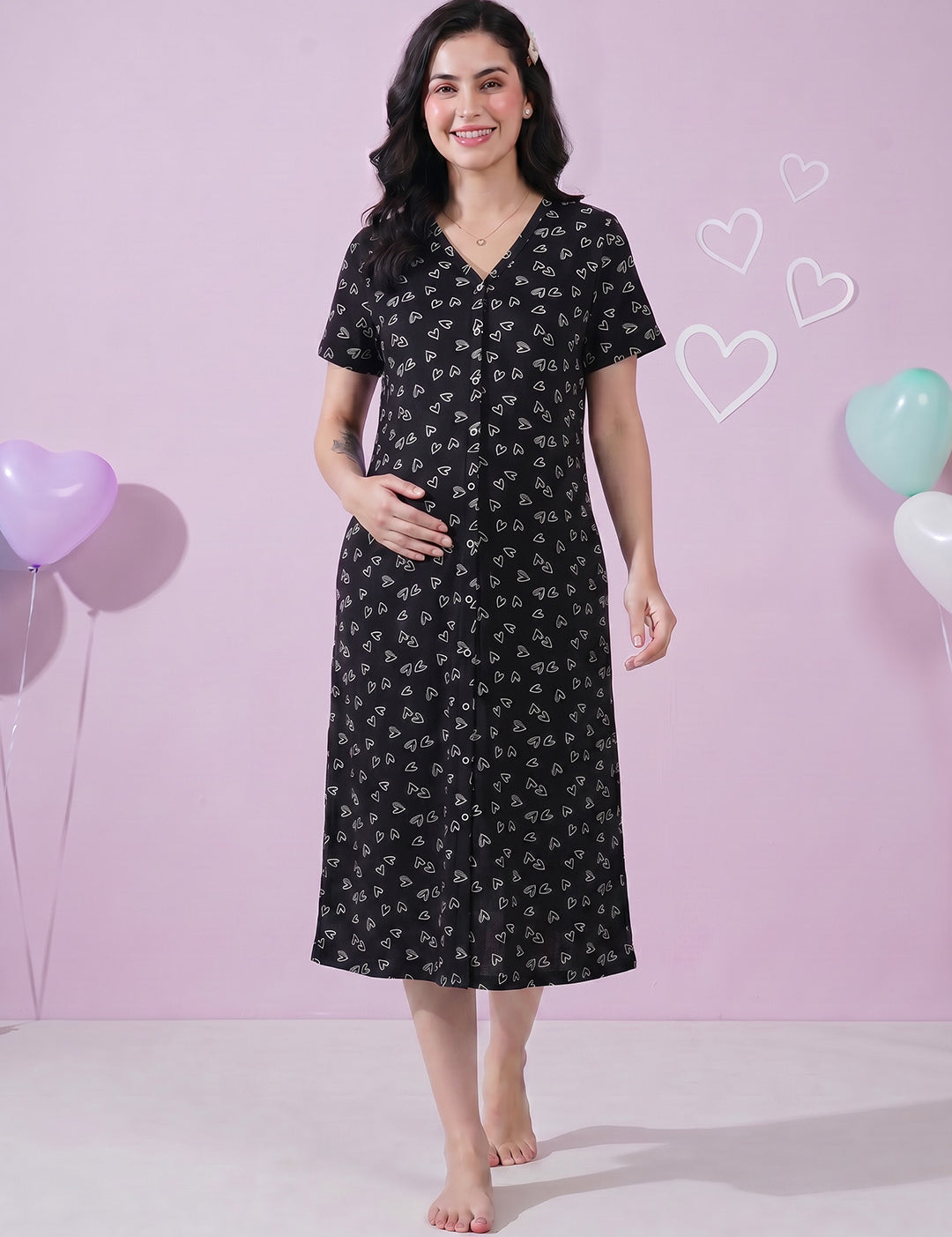 Black Heart Print Hosiery Zipless Maternity Nighty
