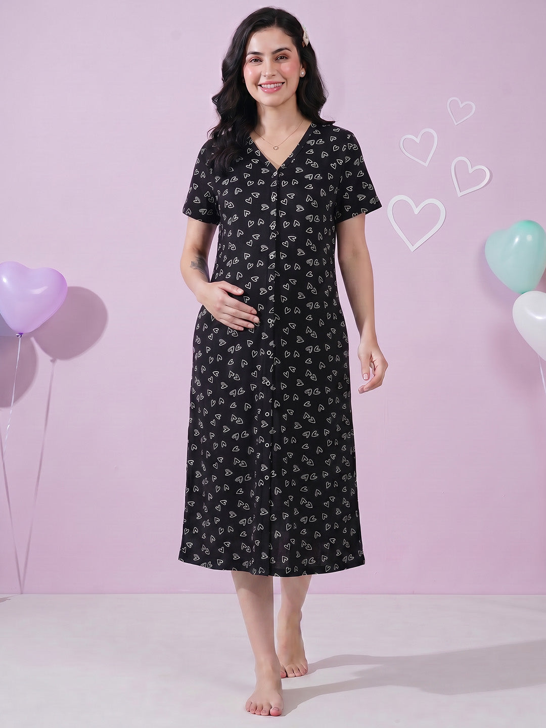 Black Heart Print Hosiery Zipless Maternity Nighty