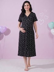 Black Heart Print Hosiery Zipless Maternity Nighty