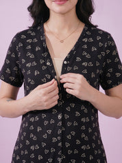 Black Heart Print Hosiery Zipless Maternity Nighty
