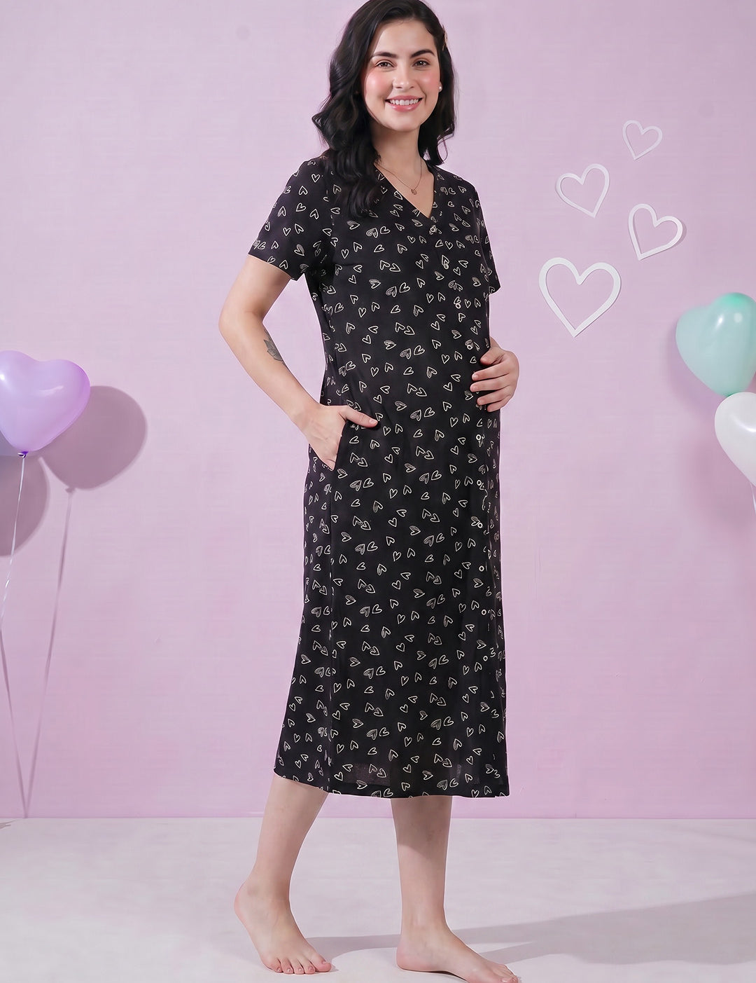 Black Heart Print Hosiery Zipless Maternity Nighty