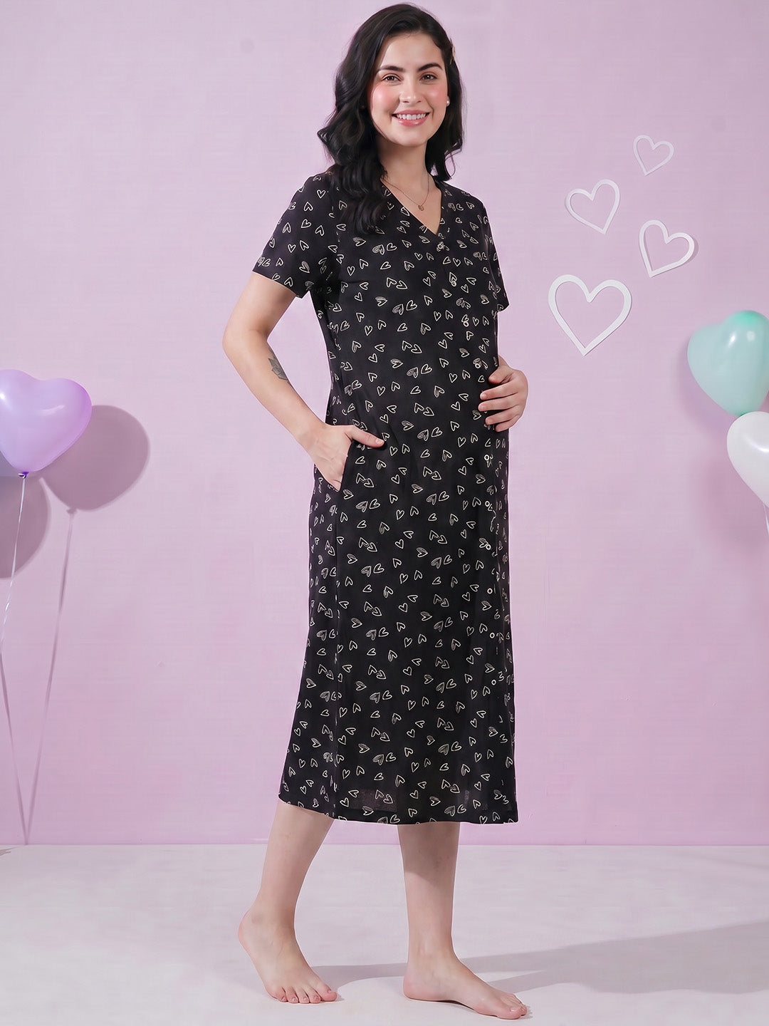 Black Heart Print Hosiery Zipless Maternity Nighty