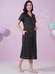Black Heart Print Hosiery Zipless Maternity Nighty