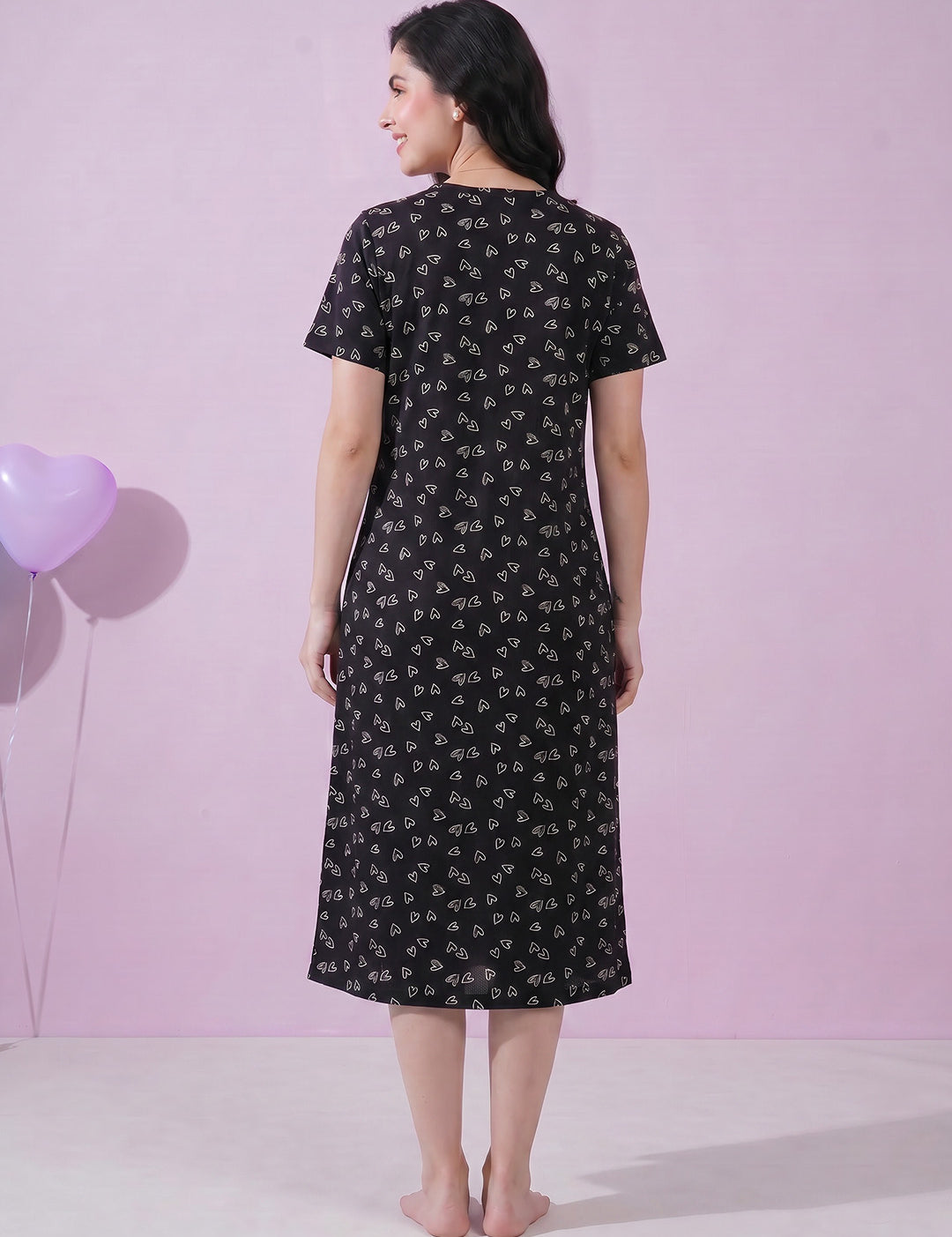 Black Heart Print Hosiery Zipless Maternity Nighty