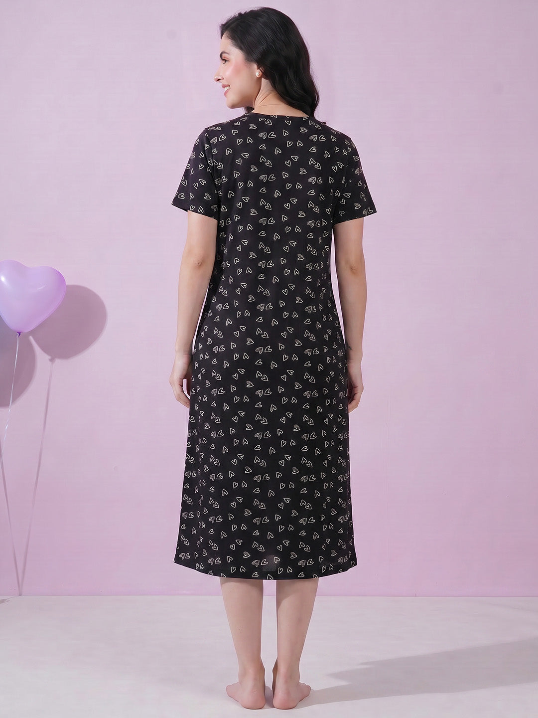 Black Heart Print Hosiery Zipless Maternity Nighty