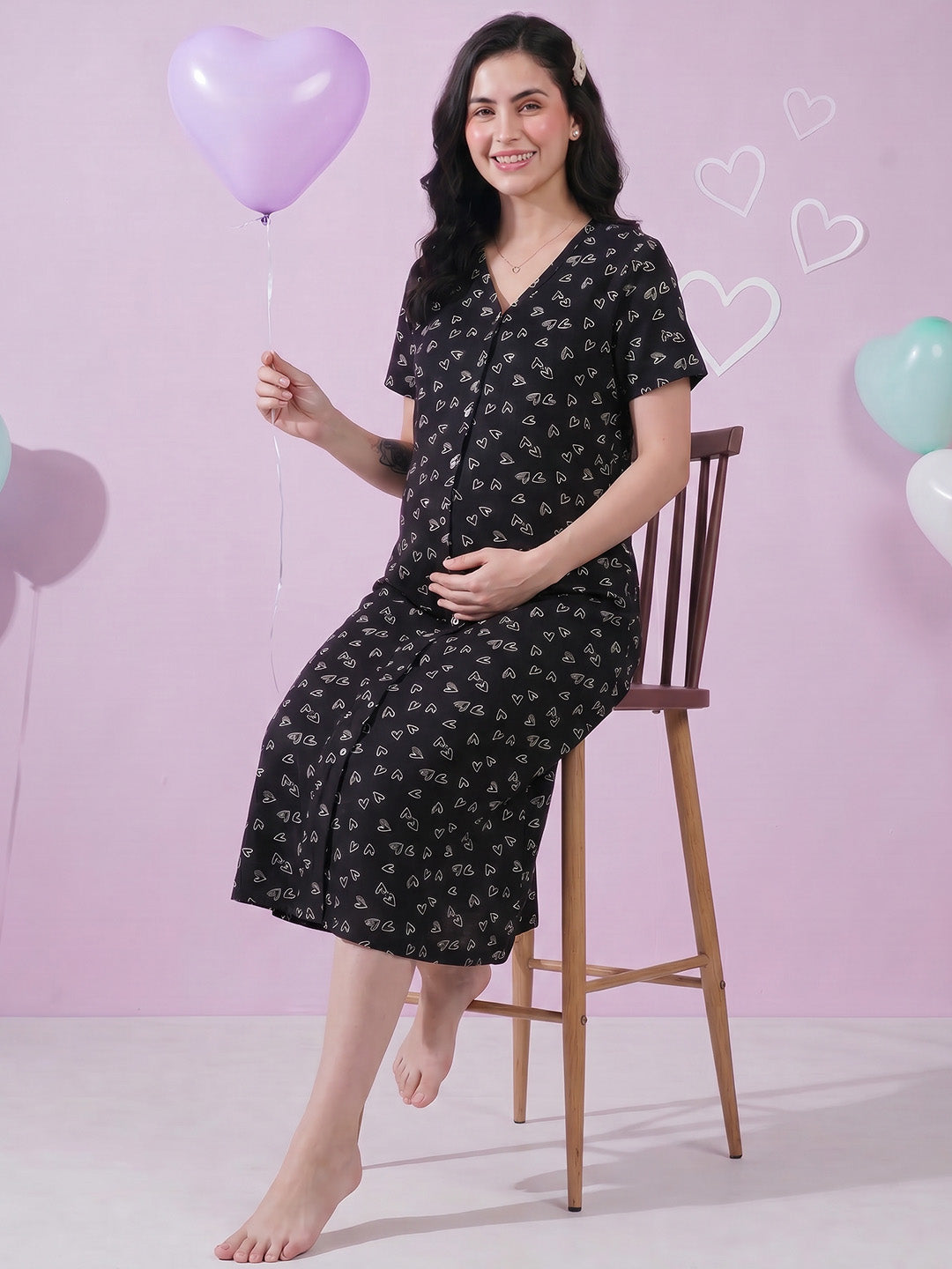 Black Heart Print Hosiery Zipless Maternity Nighty