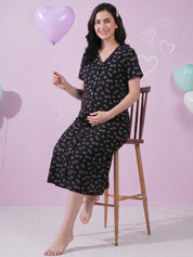 Black Heart Print Hosiery Zipless Maternity Nighty