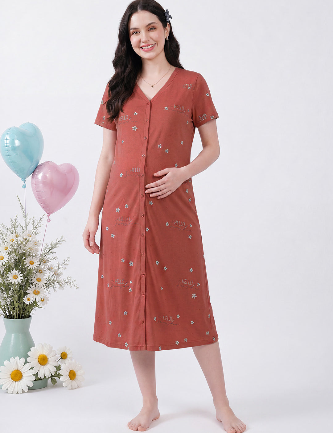 Rust Printed Hosiery Zipless Maternity Nighty