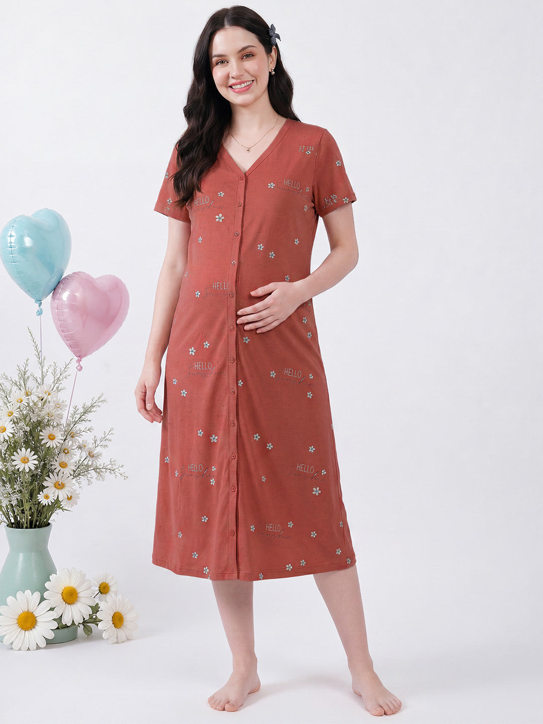 Rust Printed Hosiery Zipless Maternity Nighty
