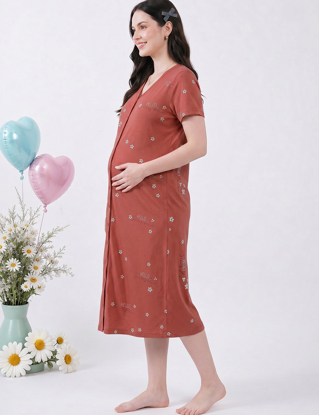 Rust Printed Hosiery Zipless Maternity Nighty