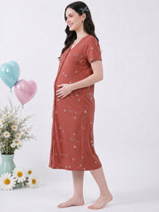 Rust Printed Hosiery Zipless Maternity Nighty