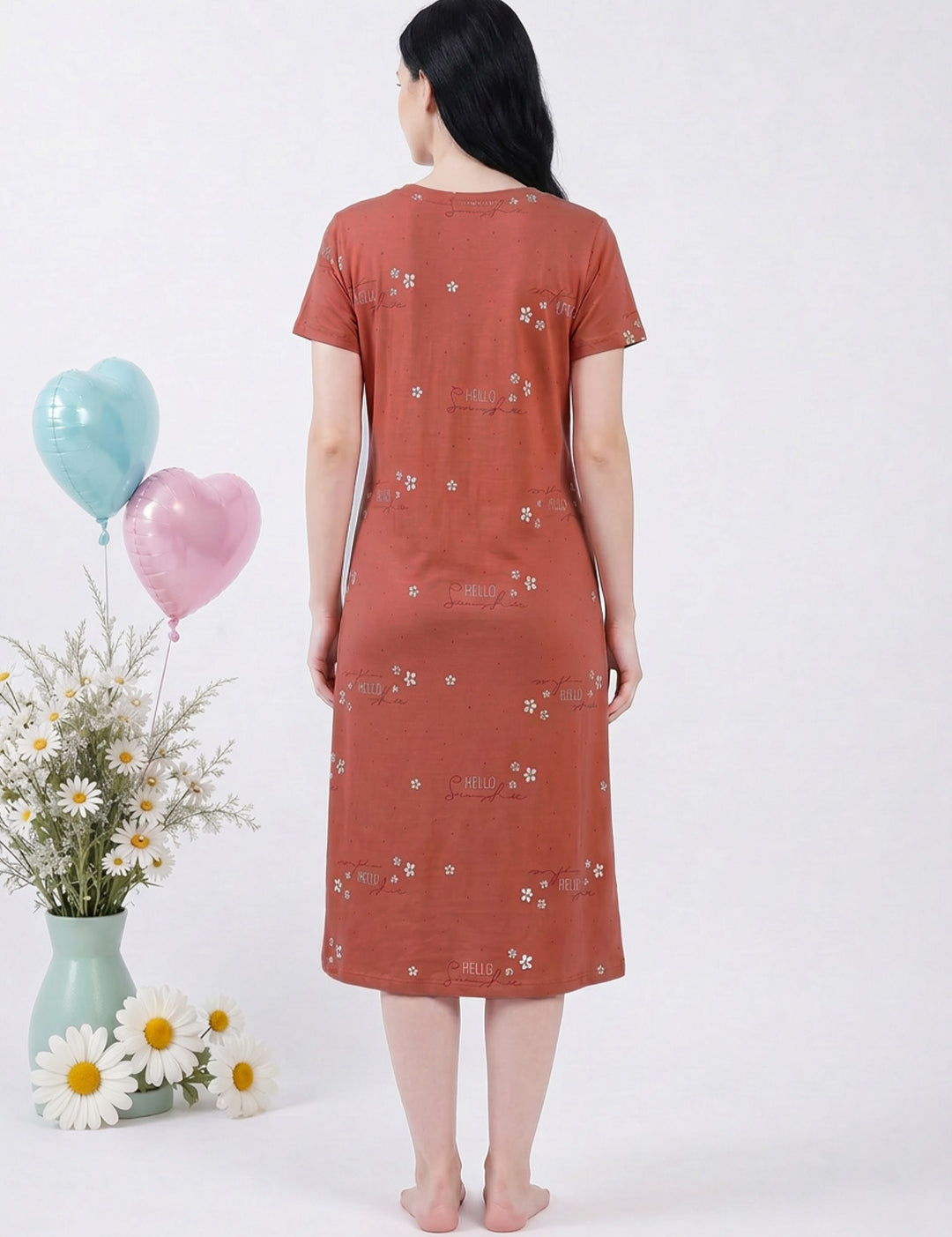 Rust Printed Hosiery Zipless Maternity Nighty