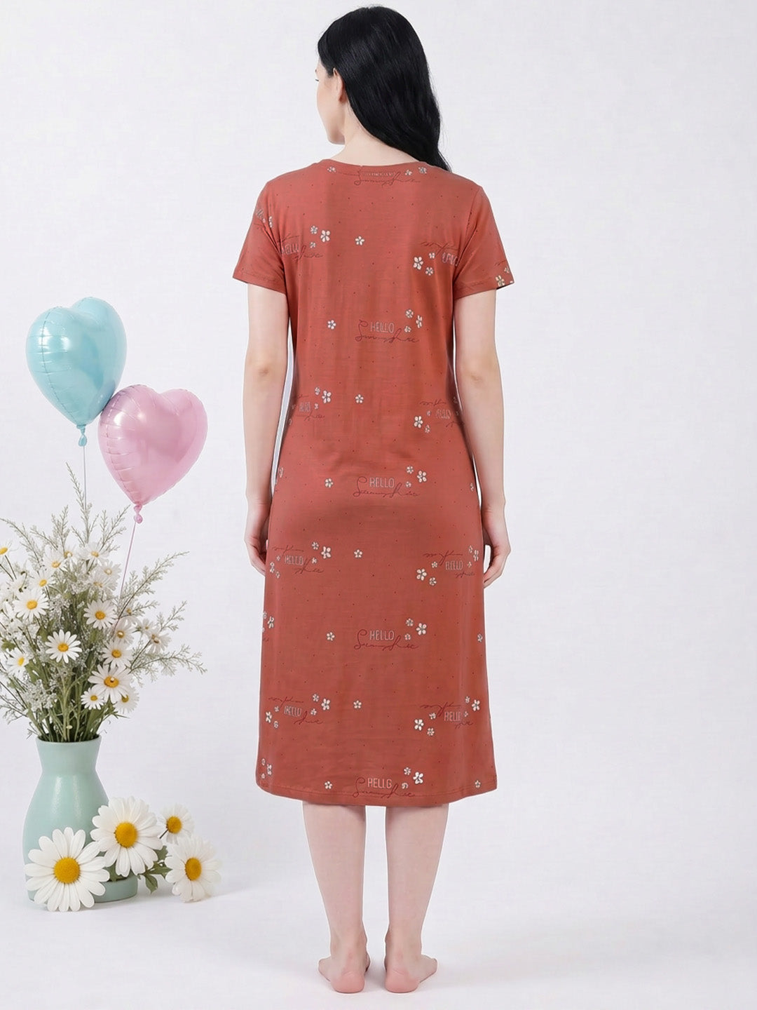 Rust Printed Hosiery Zipless Maternity Nighty