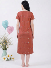 Rust Printed Hosiery Zipless Maternity Nighty